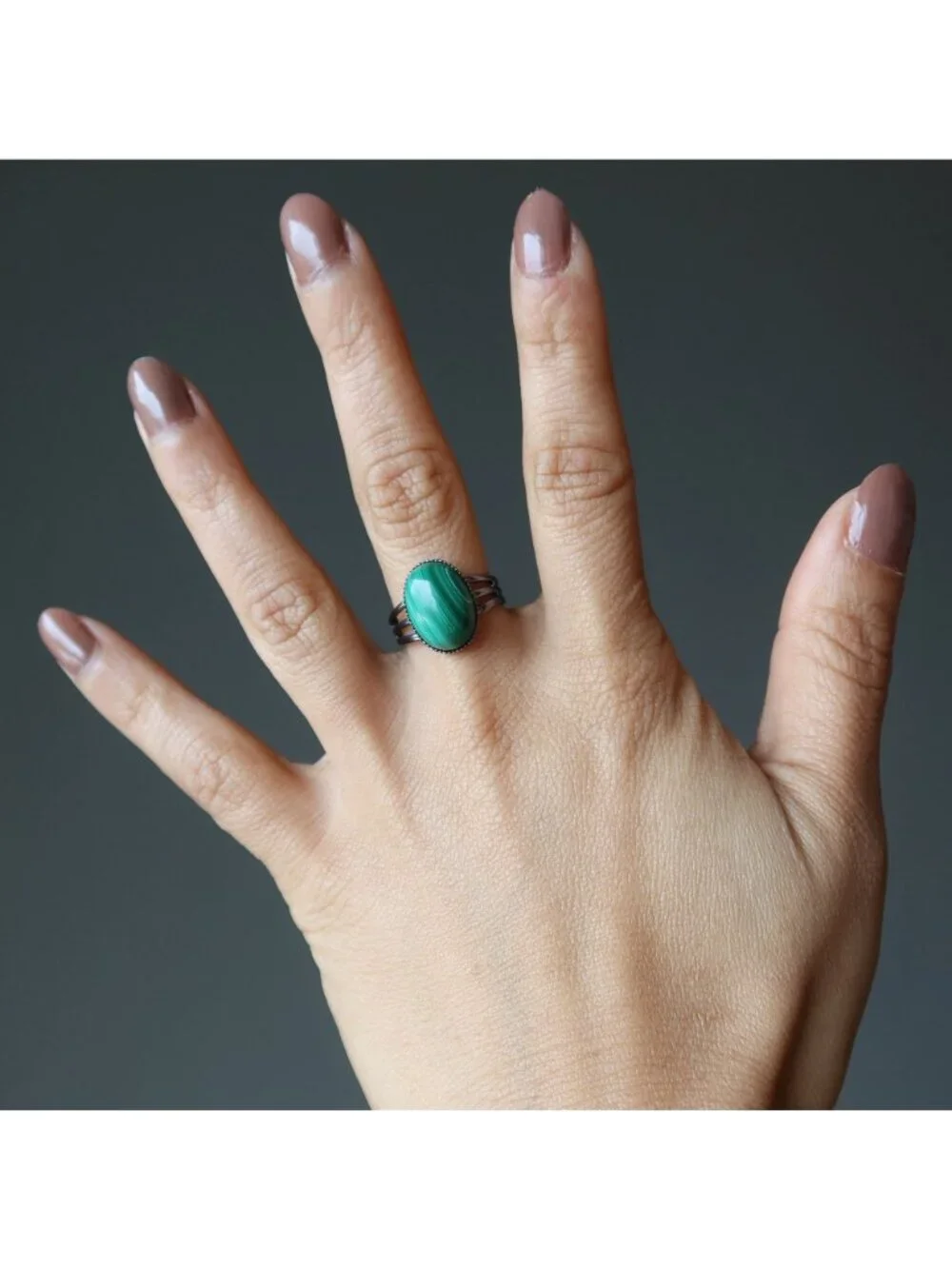 Malachite Ring Tough Gunmetal Adjustable Size 4 to 10 Green Gemstone Boho Jewelr